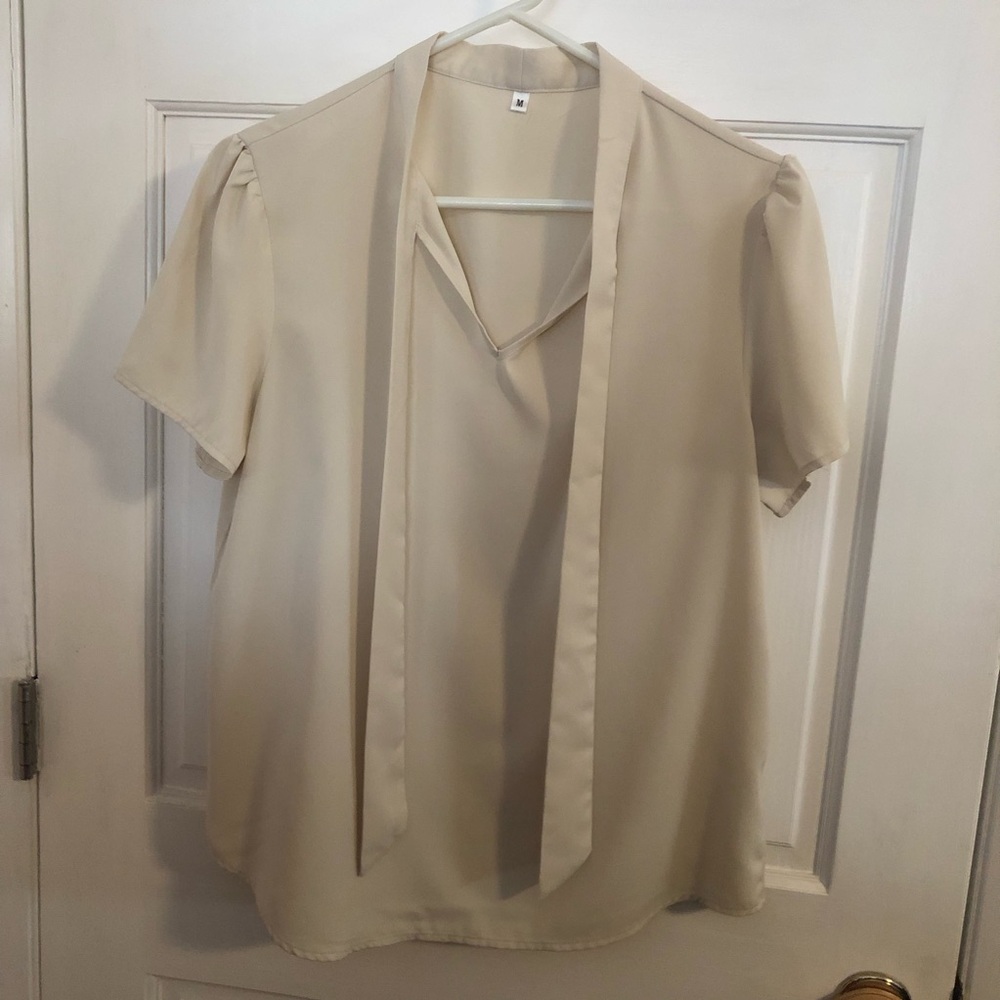 Cream Short Sleeve Tie-Neck Blouse